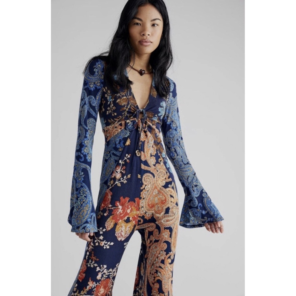 Free People Constance Boho Paisley Jumpsuit Size XL Boho Retro